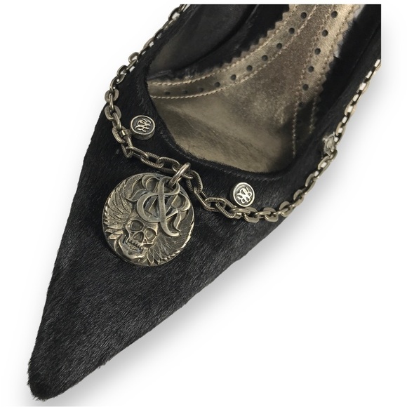 Rock & Republic Pointed Toe Fur Wrap Around Chained Logo Wedge Black Size EU 36 - Picture 2 of 15